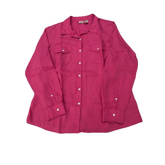 LL Bean 100% Linen XL Button up Shirt Roll Tab Pink Pockets Minimalist City Chic - Picture 1 of 8